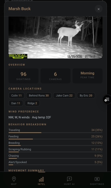 Buck intel card showing sighting history and patterns