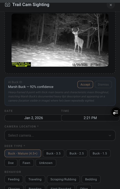 AI buck identification form with confidence score