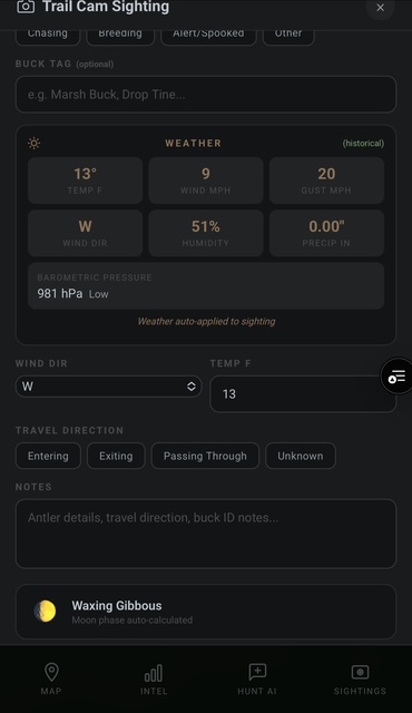 Sighting form with auto-applied weather data